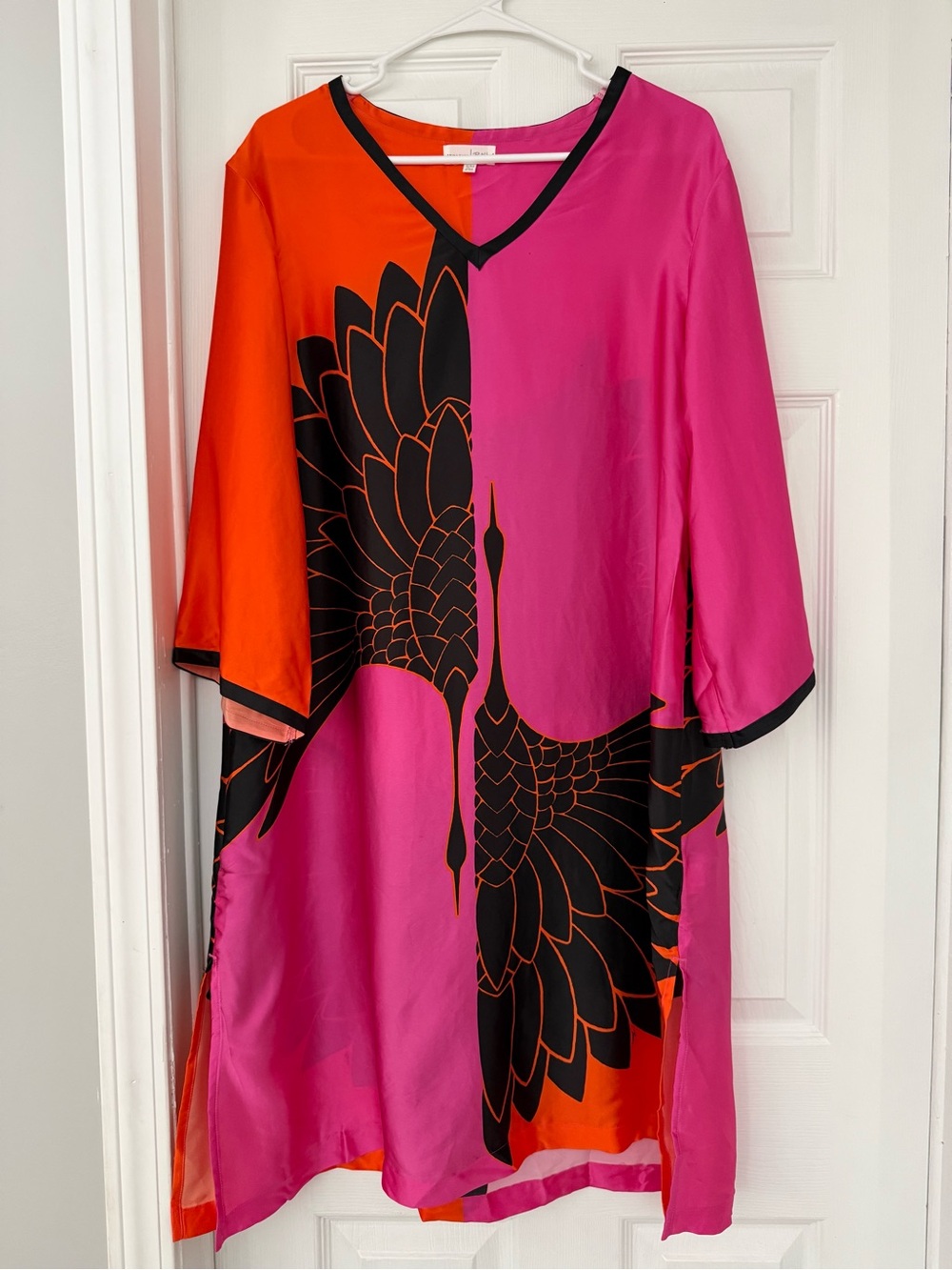 Trina Turk Hot Pink & Orange Crane-Print V-Neck Midi Dress